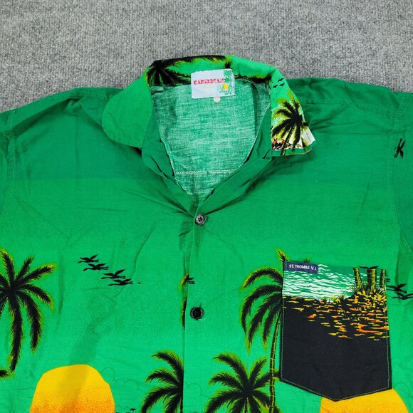Caribbean Fashions Button Shirt Men 2XL Green AOP Graphic Short Sleeve Pocket - Picture 2 of 14